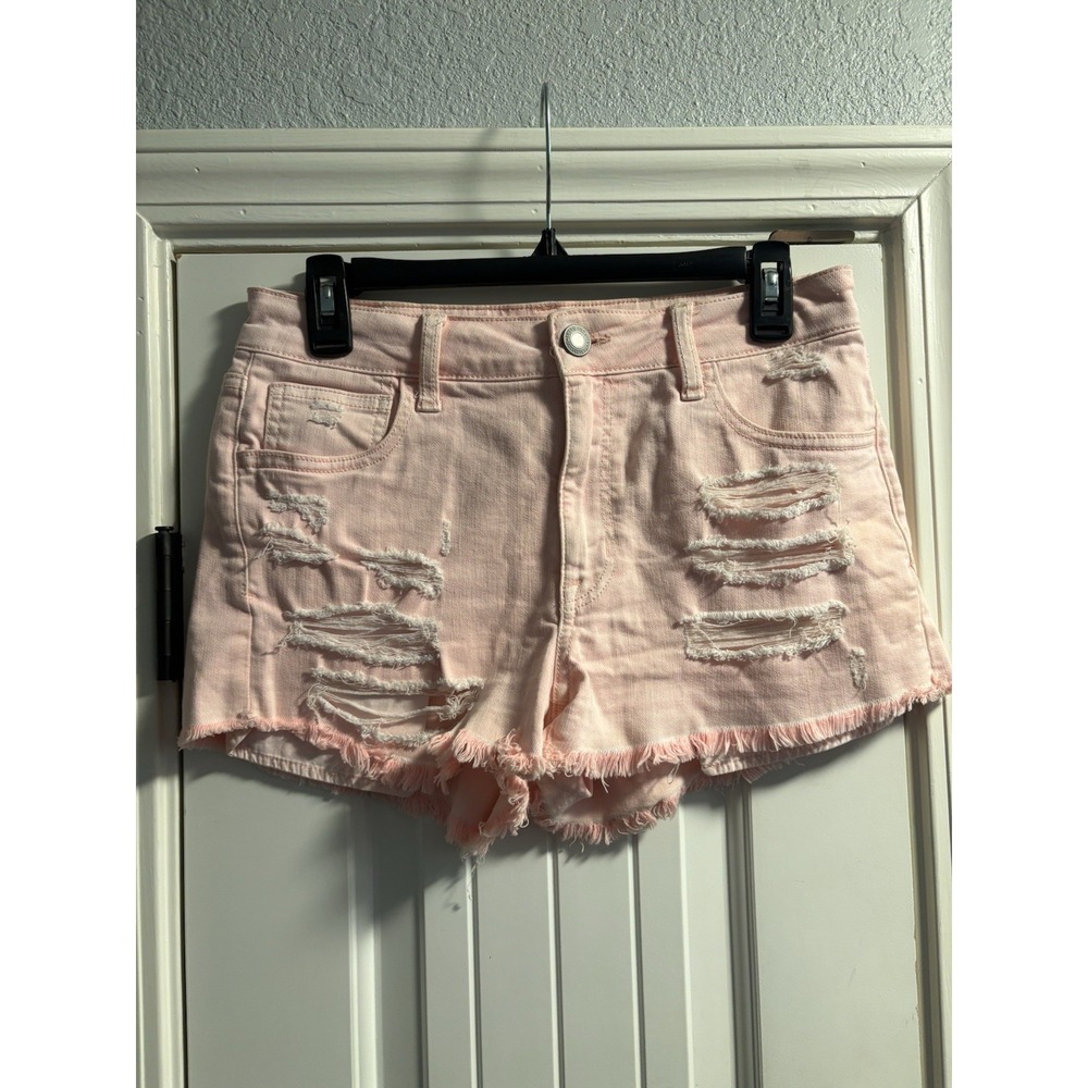 American Eagle Denim Shorts Womens 8 Pink Super Stretch X Distressed Frayed Hem
